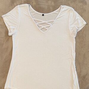 White Crisscross V-Neck Women's Top